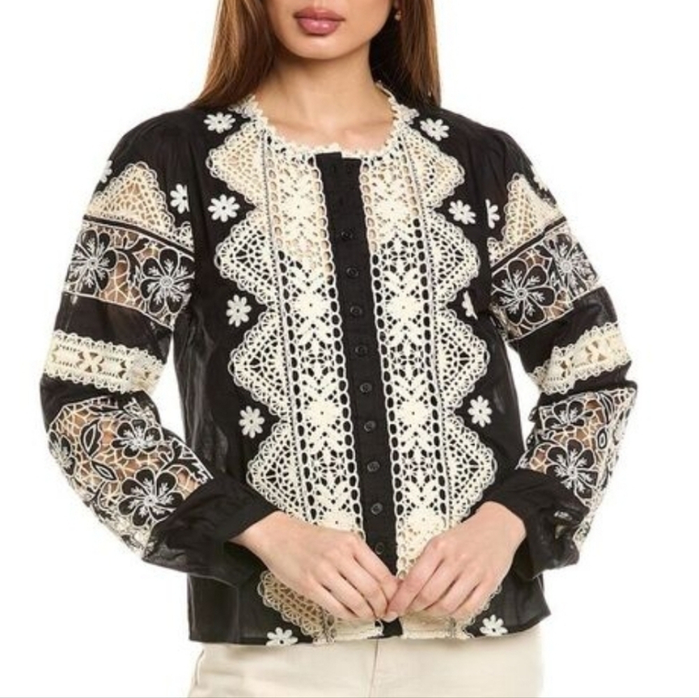 Johnny Was Jade Ronnie Black and Cream Lace Blouse